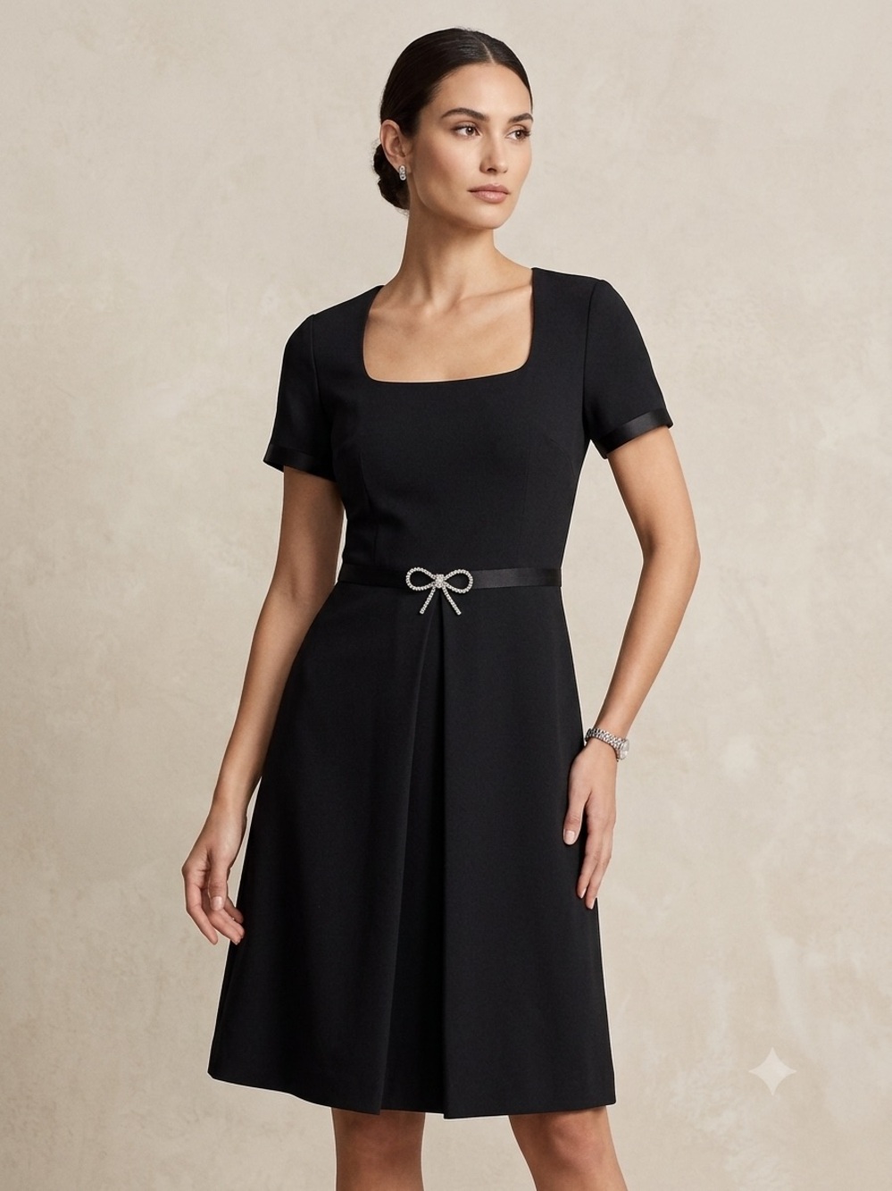 Karl Lagerfeld Black Square-Neck Midi Dress with Bow Belt Accent
